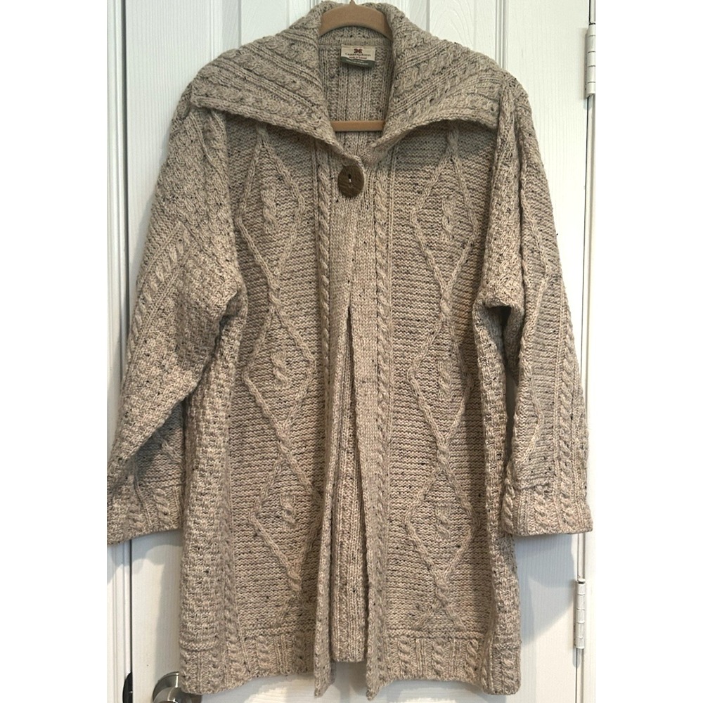 Vtg Carraig Donn Beige Wool Aran Cable Knit Cardigan Sweater Womens XL Ireland